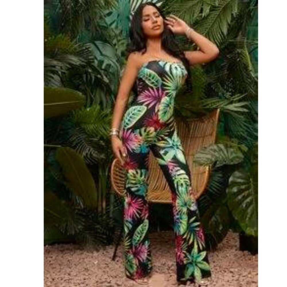 SHEIN SXY Tropical Print Backless Tube Flare Leg Jumpsuit NWT Size 6